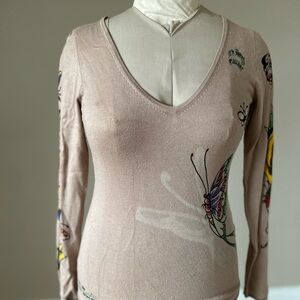 Ed Hardy Butterfly Print V-Neck Sweater